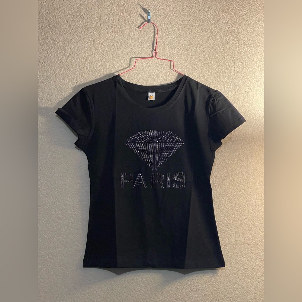 Black Rhinestone "Paris" Tee with Diamond Motif